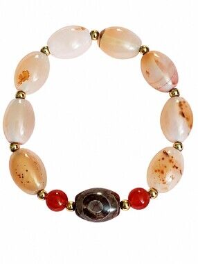 Agate barrel shaped Bead Bracelet with Tenju dzi bead - stretchy
